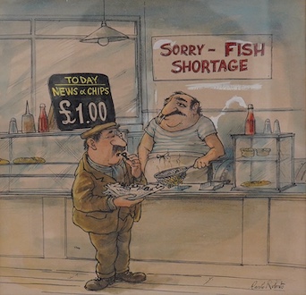 Carlo Roberto, ink and watercolour, Fish and Chip Shop caricature 'Fish Shortage', signed, 28 x 29cm. Condition - fair, some general discolouration